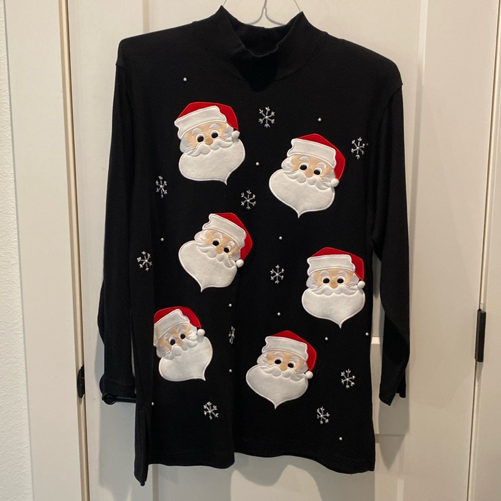 Bechamel Black Long Sweatshirt with‎ Santa’s & Snowflakes.  PL.  NWT